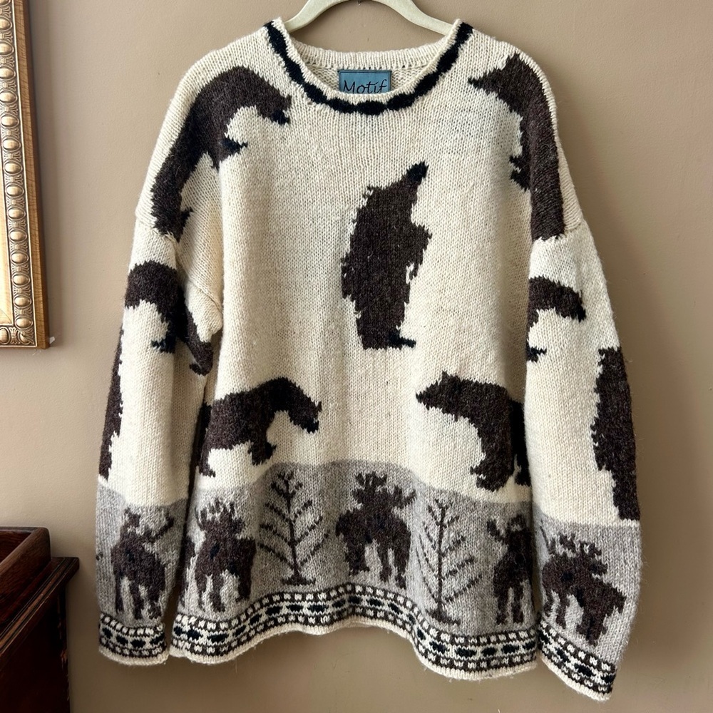 Motif Vintage 90s Wool Intarsia Moose Bear Chunky Knit Intarsia Sweater Size M - Picture 11 of 15